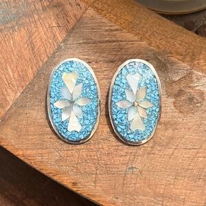 Vintage Sterling Alpaca Mexico Clip in Mother of Pearl Turquoise Earrings